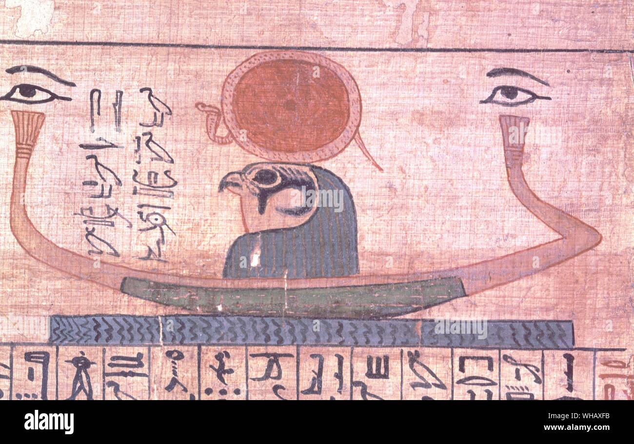 Beerdigung Papyrus Barke des RA-Horakhty. Ra-Horakhty. "Horus im Horizont" war eine Kombination der Götter Horus und Ra. Horus war der Gott des Himmels, und Ra war der Gott der Sonne. Damit Ra-Horakhty wurde gedacht, der als der Gott der aufgehenden Sonne. Aussehen: der Mann mit dem Kopf eines Falken, mit einer Sonnenscheibe Kopfschmuck. . . . Stockfoto