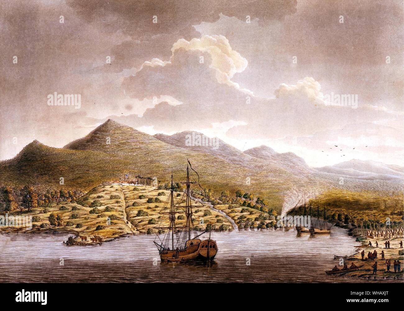 Blick auf die neue Siedlung am Fluss von Sierra an der Küste von Guinea, vor 1700. Die African Adventure - eine Geschichte von Afrikas Entdecker von Timothy Severin, Seite 56-7. Stockfoto