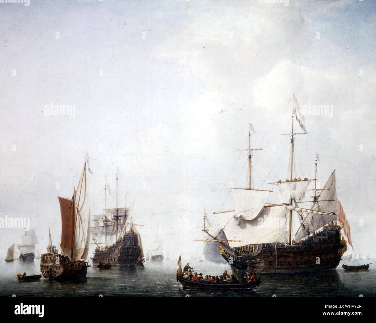 Niederländische Männer des Krieges und der Yacht, von Van de Velde II (1633-1707). Bekämpfung von Schiffen, Seite 122-3. Stockfoto