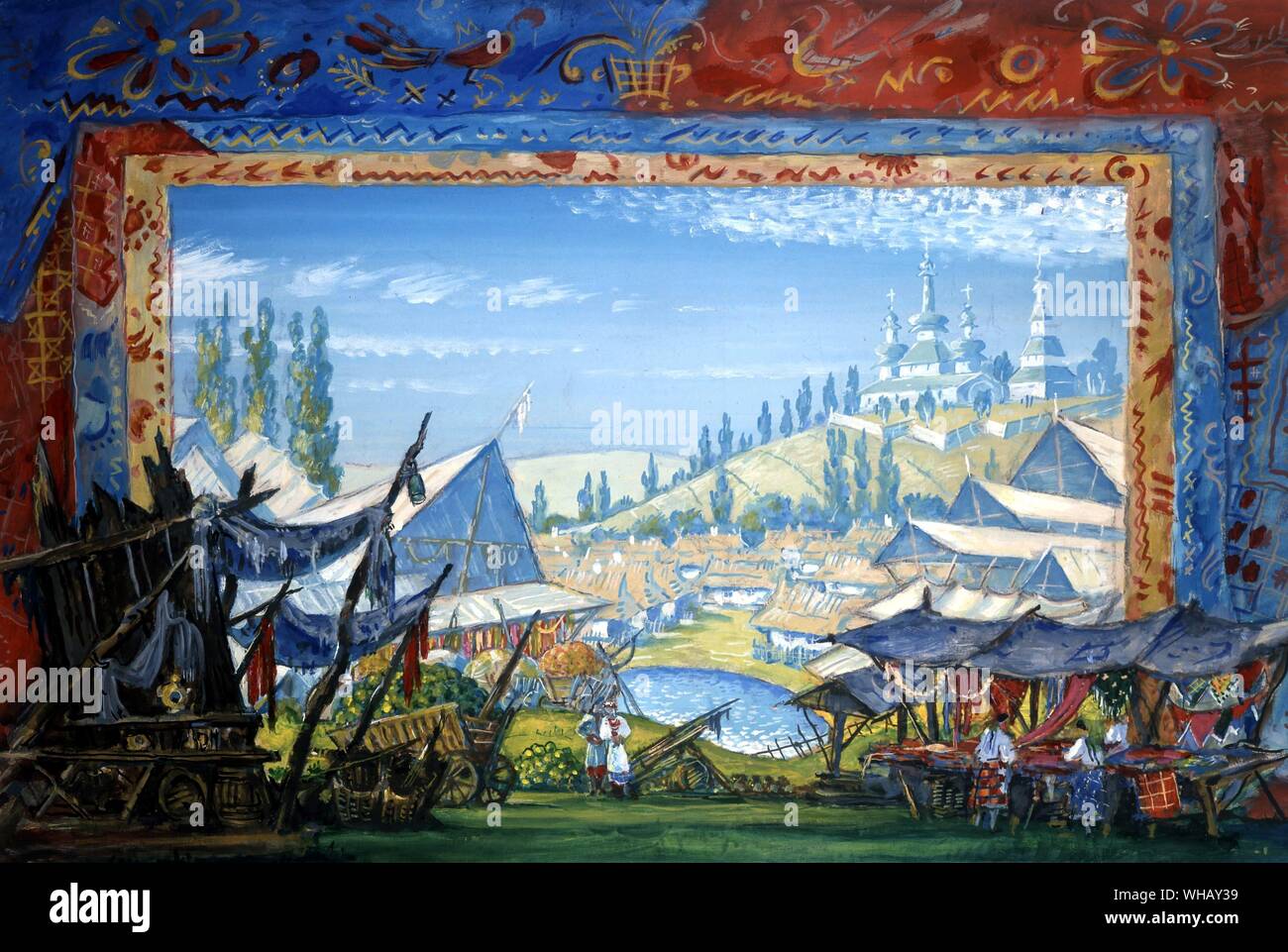 Opera Design von Mstislav Dobuzhinsky (1875-1957) für Mussorgskis Oper Sorochintsy Messe von Michael Tschechow produziert mit choreographien von George Balanchine, (Russisch-amerikanische). Oper, Seite 110-111. Stockfoto Opera Design von Mstislav Dobuzhinsky (1875-1957) für Mussorgskis Oper Sorochintsy Messe von Michael Tschechow produziert mit choreographien von George Balanchine, (Russisch-amerikanische). Oper, Seite 110-111. Stockfoto