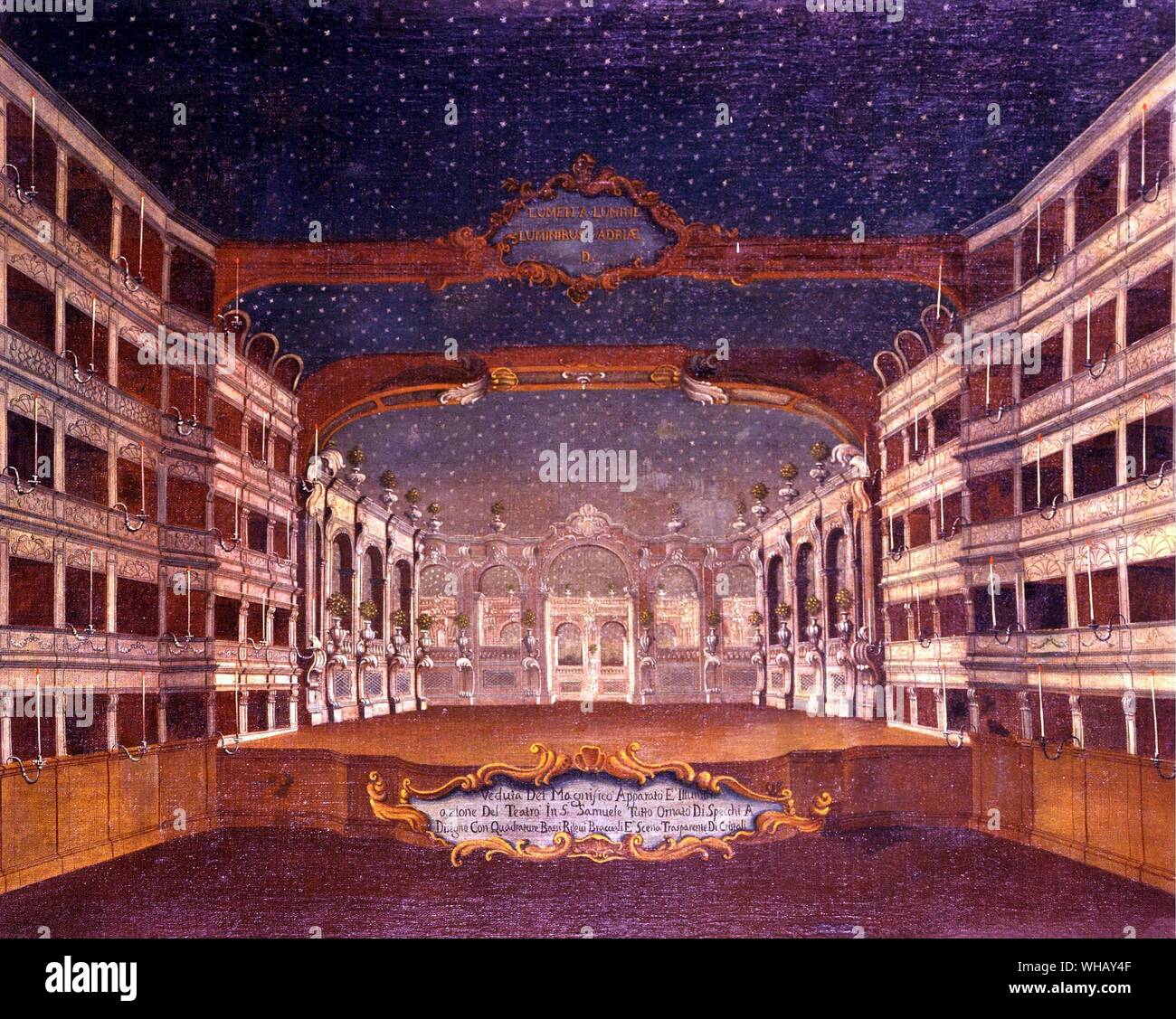 Innenraum des San Samuele Theater in Venedig, Italien. Casanova von Johannes Meister, London, Seite 39. . Stockfoto