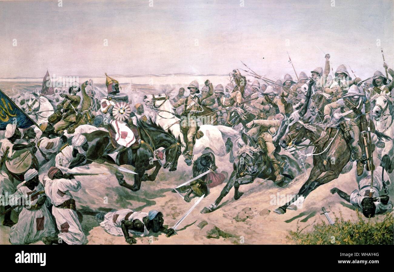 Aufladen des 21 Lancers auf Omdurman im Jahre 1898. Der Weiße Nil von Alan Moorehead, Seite 334. Die Wüste Schlacht von Omdurman im Sudan am 2. September 1898 wurde der britische Rache für den Tod von Gordon nach Khartum zu sehen. Das berühmteste Ereignis der Schlacht wurde die Ladung der 21 Lancers, der allgemein als der letzte volle Kavallerie betrachtet. Waren drei Victoria Kreuze vergeben und die Königin ihren eigenen Namen gewährt das Regiment. . . . . Stockfoto