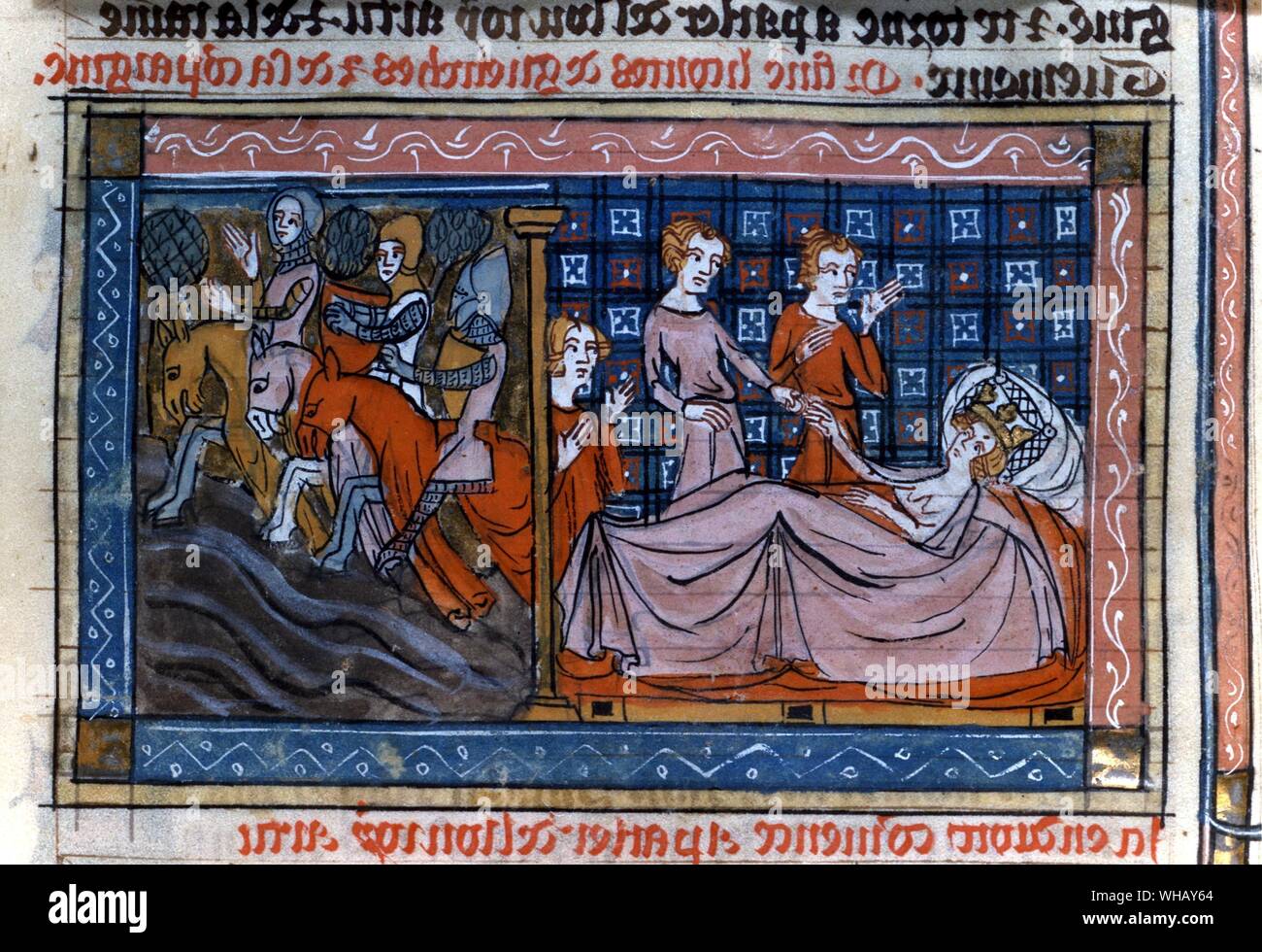 Guinevere bietet Bohort einen Ring für Lancelot aus dem 14. Jahrhundert. Stockfoto