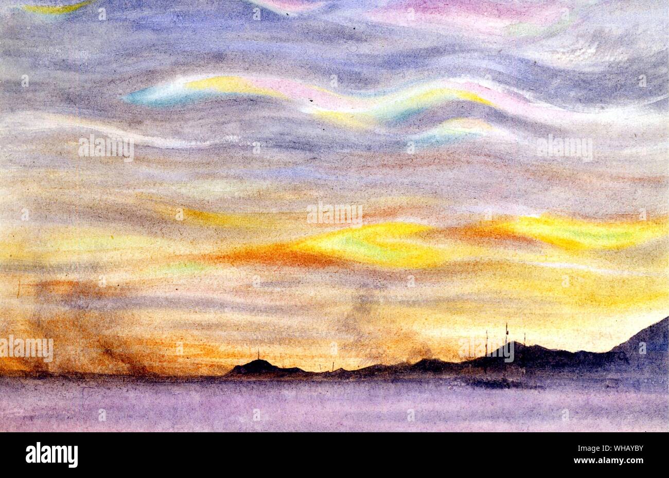 Opaleszierende altostratus und eine Schneeverwehung 1-2 Uhr, 17. August 1903, Blick nach Norden in Richtung McMurdo Sound, von Edward Wilson (1872-1912). Antarktis: Der letzte Kontinent, der von Ian Cameron, Seite 187. Stockfoto Opaleszierende altostratus und eine Schneeverwehung 1-2 Uhr, 17. August 1903, Blick nach Norden in Richtung McMurdo Sound, von Edward Wilson (1872-1912). Antarktis: Der letzte Kontinent, der von Ian Cameron, Seite 187. Stockfoto
