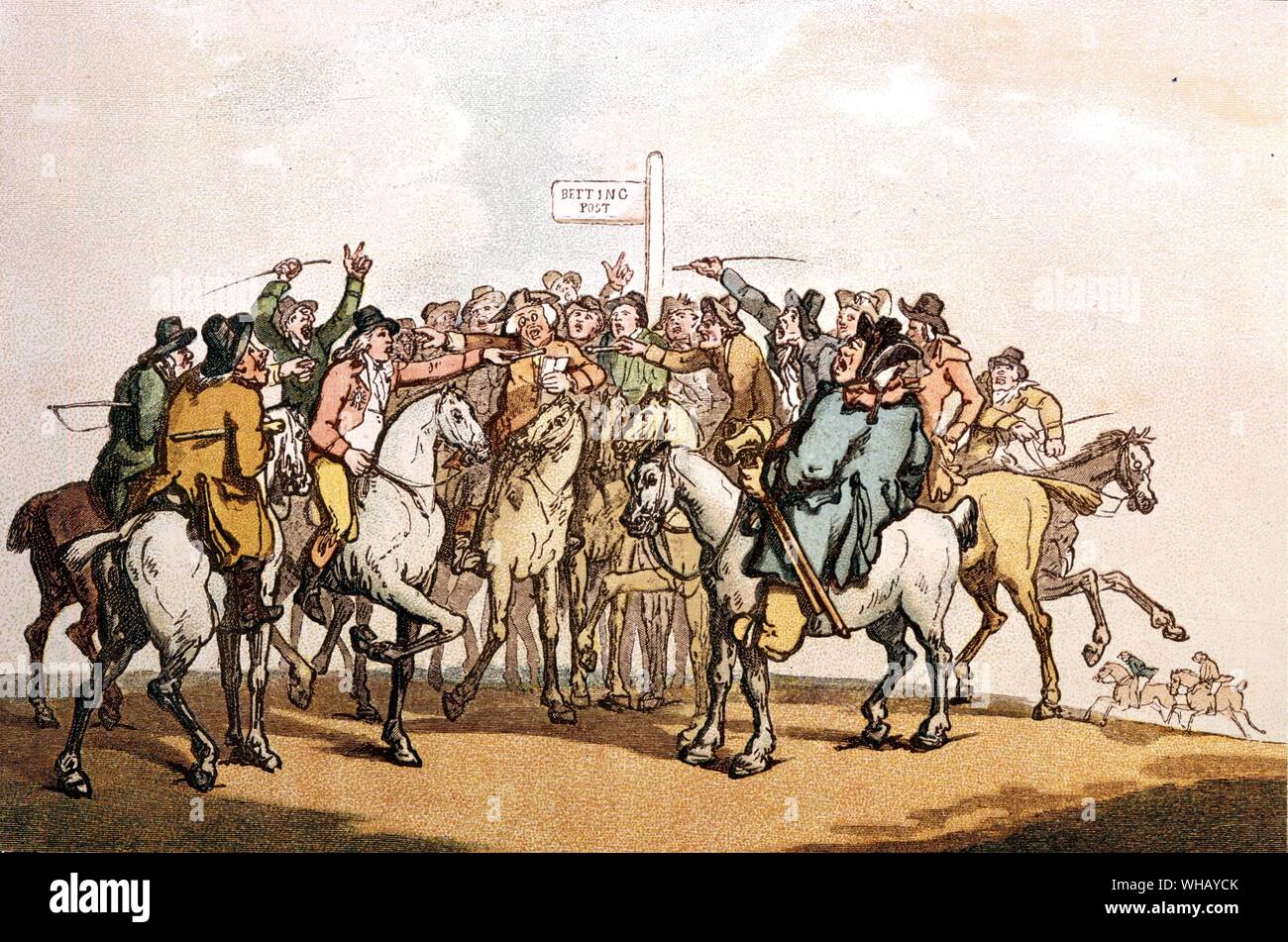 Im 18. Jahrhundert Einsätze zwischen Einzelpersonen getroffen wurden, die 'Buch' noch nicht erfunden. Es erscheinen zwei Kampfbereite Teams hier zu sein, aber das ist das Ergebnis der künstlerischen Komposition, nicht wetten. Personen sind laut Angebot zu legen Widerspruch oder übernehmen, und andere sind mit ihnen schließen oder Zähler - bietet. Die Geschichte der Pferderennen von Roger Longrigg, Seite 81. Stockfoto