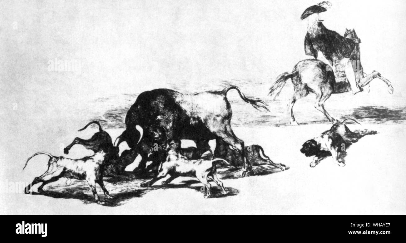 Ein Gemälde von Goya Hunde kämpfen einen Stier. Der Sport der Stier Hetze Stockfoto