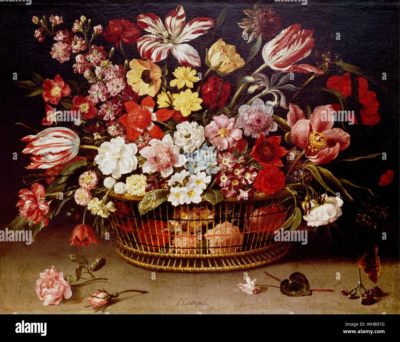 Blumen im Korb. von Jacques Linard. im Musée du Louvre, Paris. Stockfoto