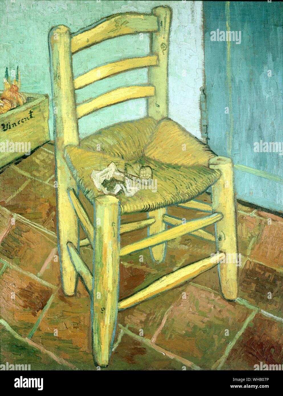 Vincent's Stuhl und seine Pfeife - Arles, Dezember 1888. von Van Gogh. Tate Gallery. Die beiden Gemälde von Vincent und Paul Gauguin Stühle sind unter den am häufigsten analysierten von Van Gogh's Arbeiten. Neben der symbolischen Unterströmungen der Arbeit, diese beiden Bilder sind auch einzigartig in Bezug auf die Art und Weise, in der sie zusammen angezeigt sind - ob an der seltene Exponate, in denen Sie gemeinsam gezeigt wurden (London, 1968, z.b.) oder einfach die Seite an Seite in einem Buch. Im Allgemeinen, wenn gauguins Stuhl ist auf der linken Seite angezeigt wird, dann die Stühle scheinen von einander entfernt zu sein - klar Stockfoto