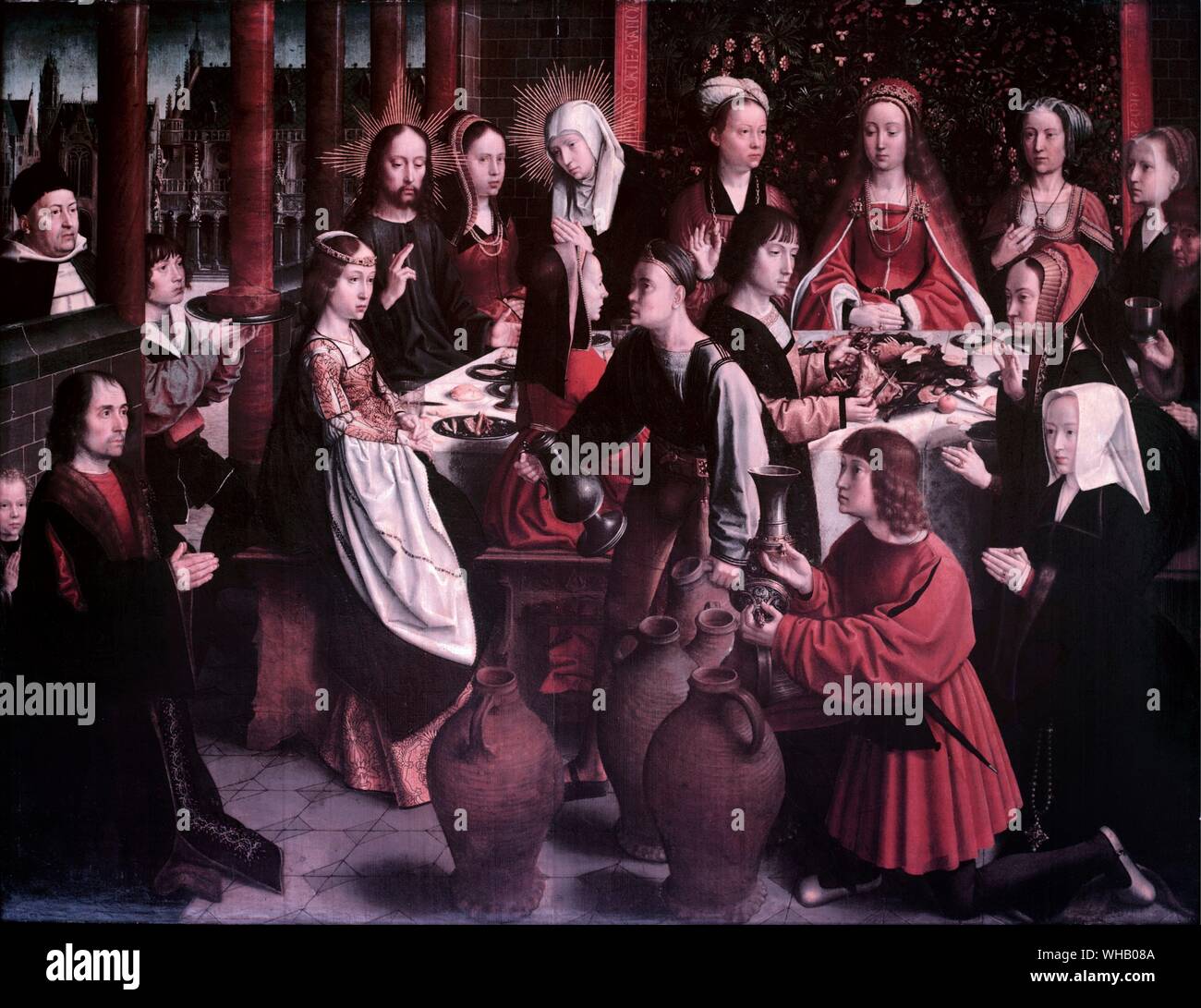 Die Hochzeit zu Kana-c. 1500-03. Hochzeit zu Kana. von Gerard David. im Louvre, Paris, Frankreich. Gerard David (C. 1455, Oudewater - 13. August 1523, Brügge) war eine frühe Niederländische Renaissance Künstler für seine brillante Farbe bekannt. Er war in Oudewater geboren, jetzt in Utrecht. Die meisten seiner Karriere fand in Brügge, wo er Mitglied der Gilde der Maler. Nach dem Tod von Hans Memling in Brügge 1494, David wurde "führenden Maler.. Stockfoto