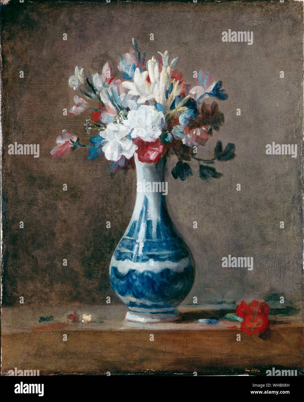 Blumen in einer Vase aus Porzellan 1760. von J.B.S. Chardin. In der National Gallery von Schottland. Jean-Baptiste-Siméon Chardin (2. November 1699 - Dezember 6, 1779) wird von einigen als der größte der 18.-Jahrhundert französischer Maler des Rokoko. Geboren, lebte und starb in Paris.. Stockfoto
