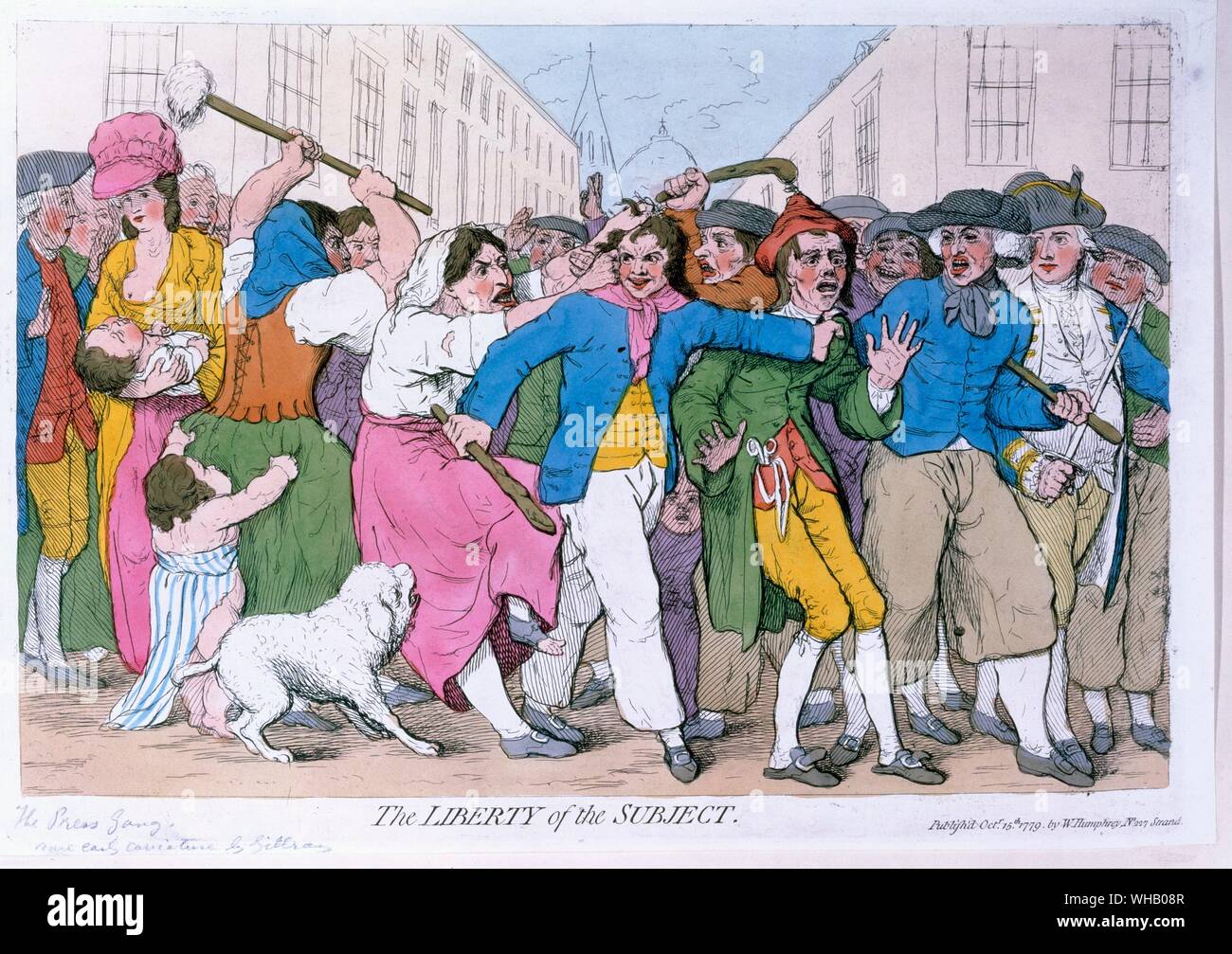 Die Freiheit des Subjekts. Die Presse Schleifring - 1779. von James Gillray. James Gillray (1757-1815) war ohne Frage das wichtigste Karikaturist der Romantik. Seine Arbeit bestand im Wesentlichen aus sozialen und politischen Satire, und wurde durch eine kompromisslose, rücksichtslose Klarheit der Vision geprägt.. Stockfoto