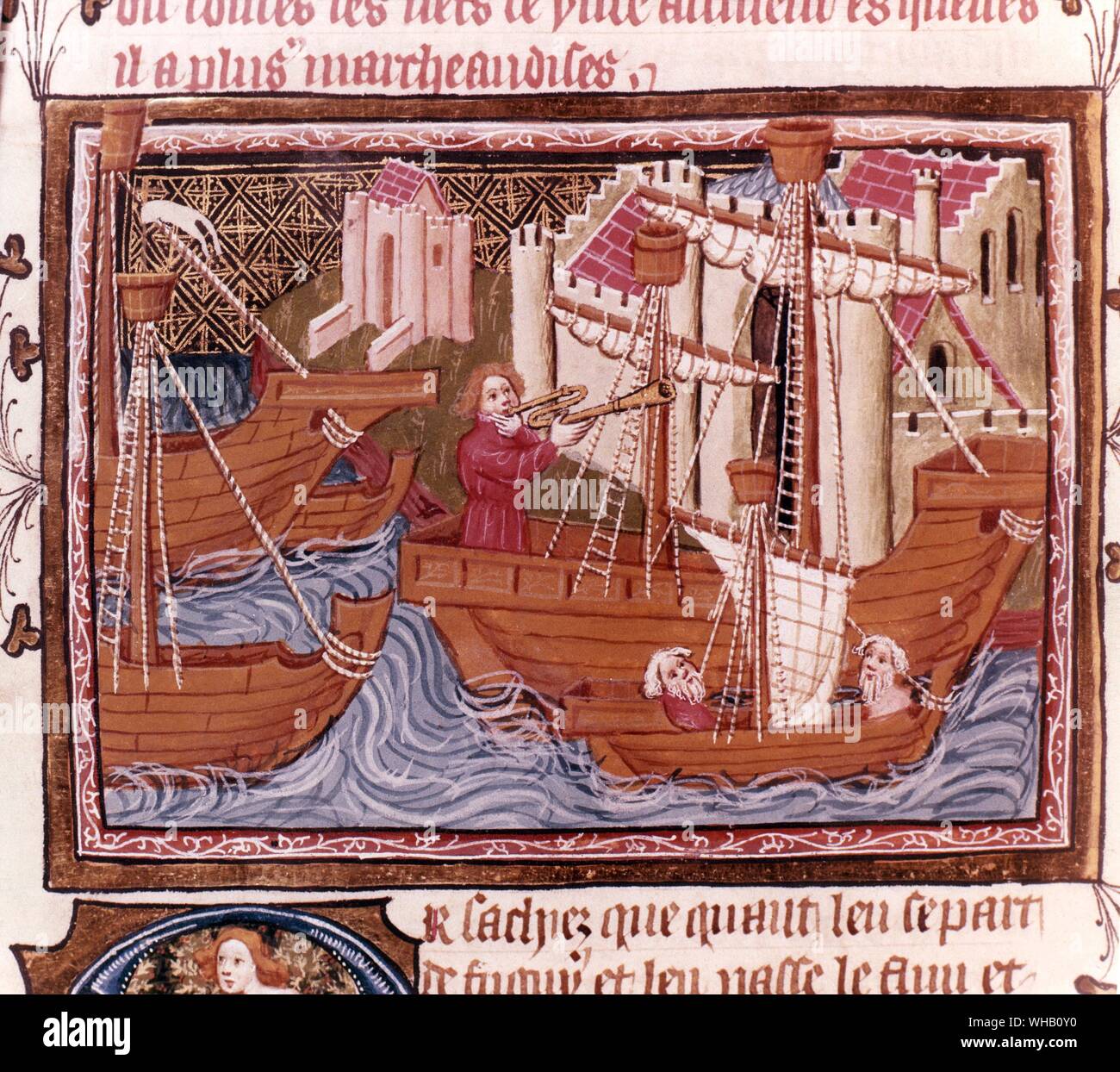 Manuskript - Englisch c 1400 - Indische Schiffe, die an Carcan - Ms Bodley 264 w.259 (Marco Polo). Bodleian Library. Stockfoto