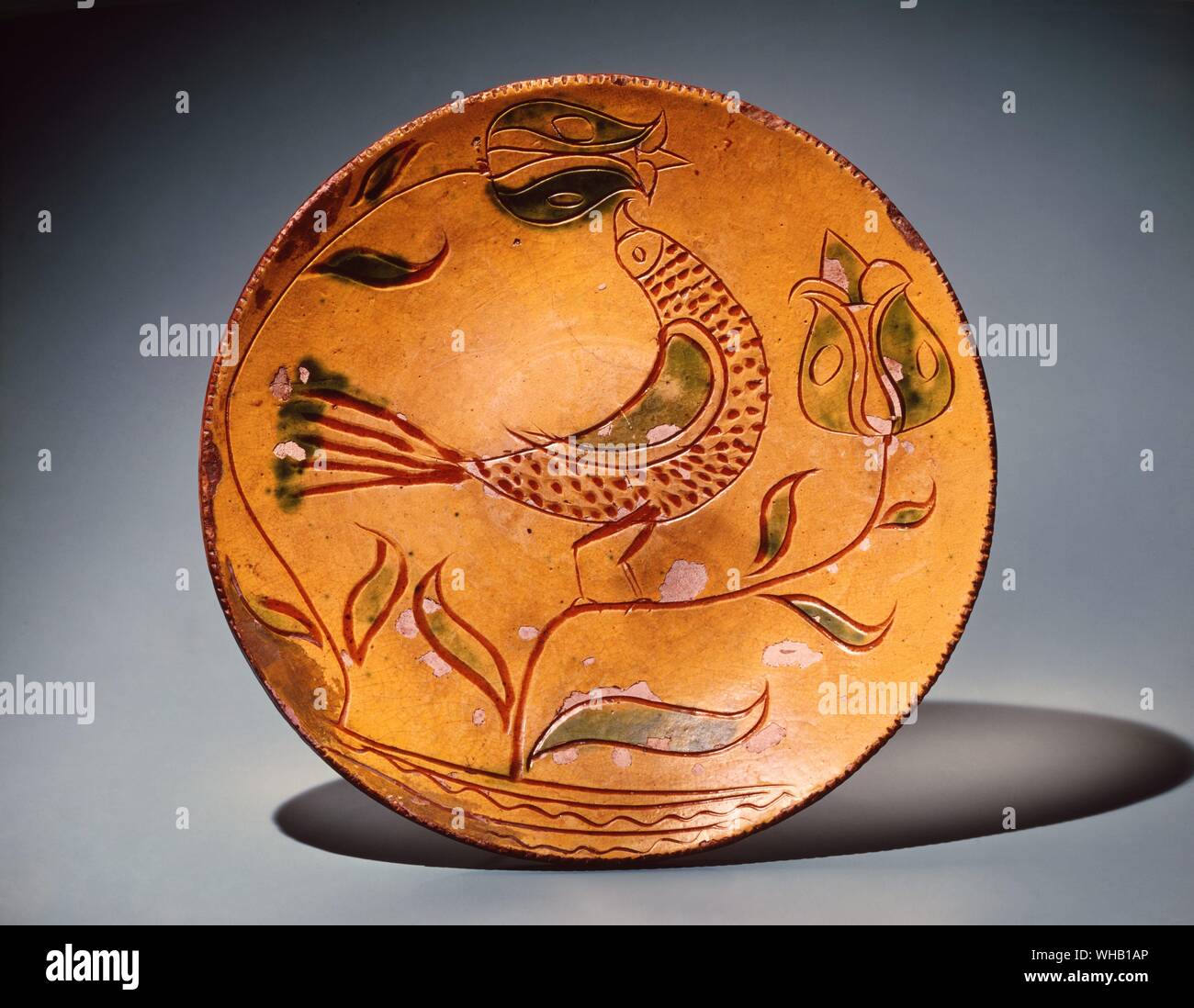 Antike Teller - Slipware Platte, sgraffiato Dekoration, glasierte Irdenware, Pennsylvania, 18.. Metropolitan Museum of Art, New York. Stockfoto