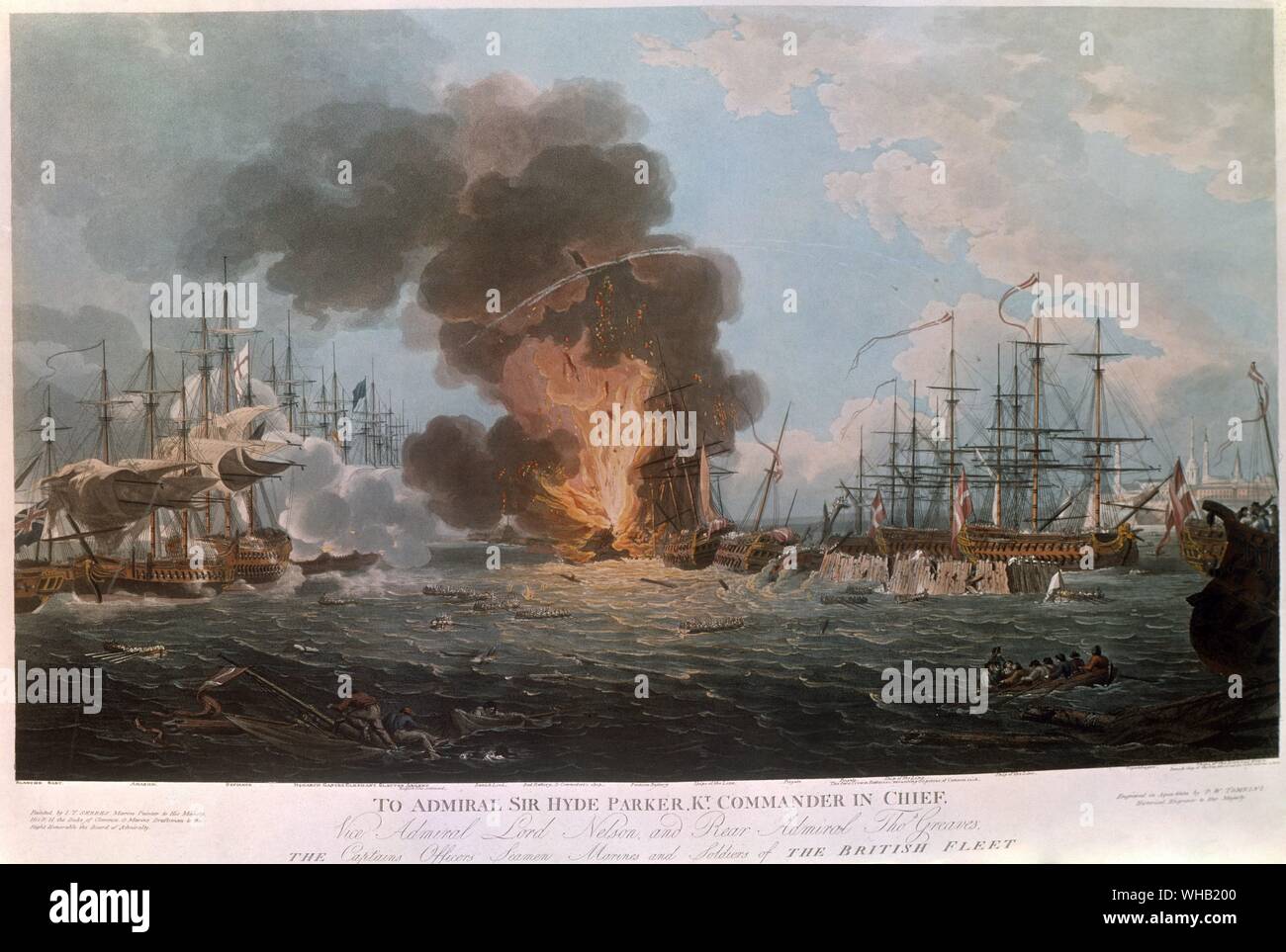 Admiral Hyde Parker-Commander in Chief. Schlacht von Kopenhagen. Eine aquatinta zeigt die endgültige Zerstörung der dänischen Flotte. Stockfoto