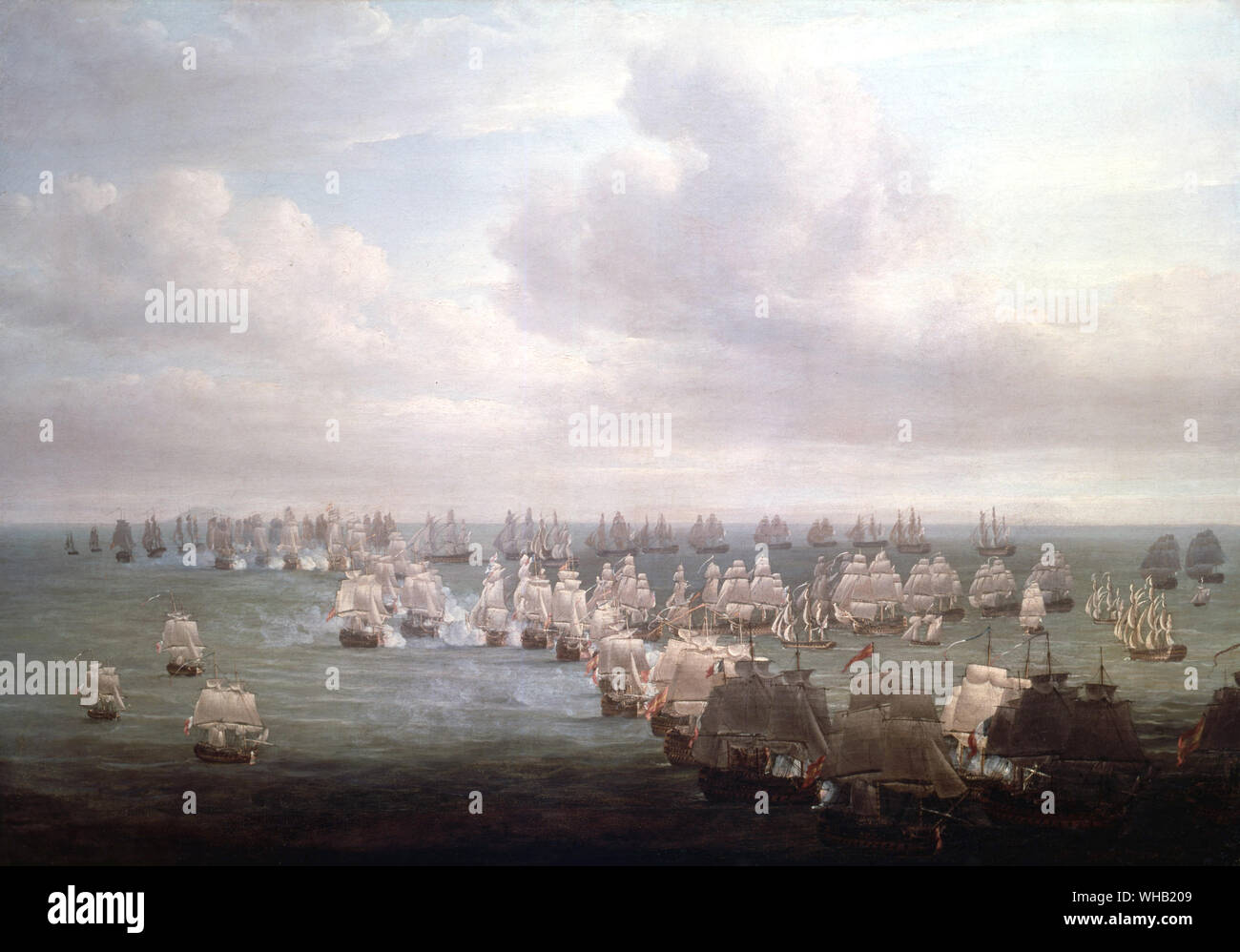 Schlacht von Trafalgar. Das Brechen der Leitung, von Nicholas Pocock 1807 gemalt. Die französischen und spanischen Flotten sind im Vordergrund befindet. Stockfoto
