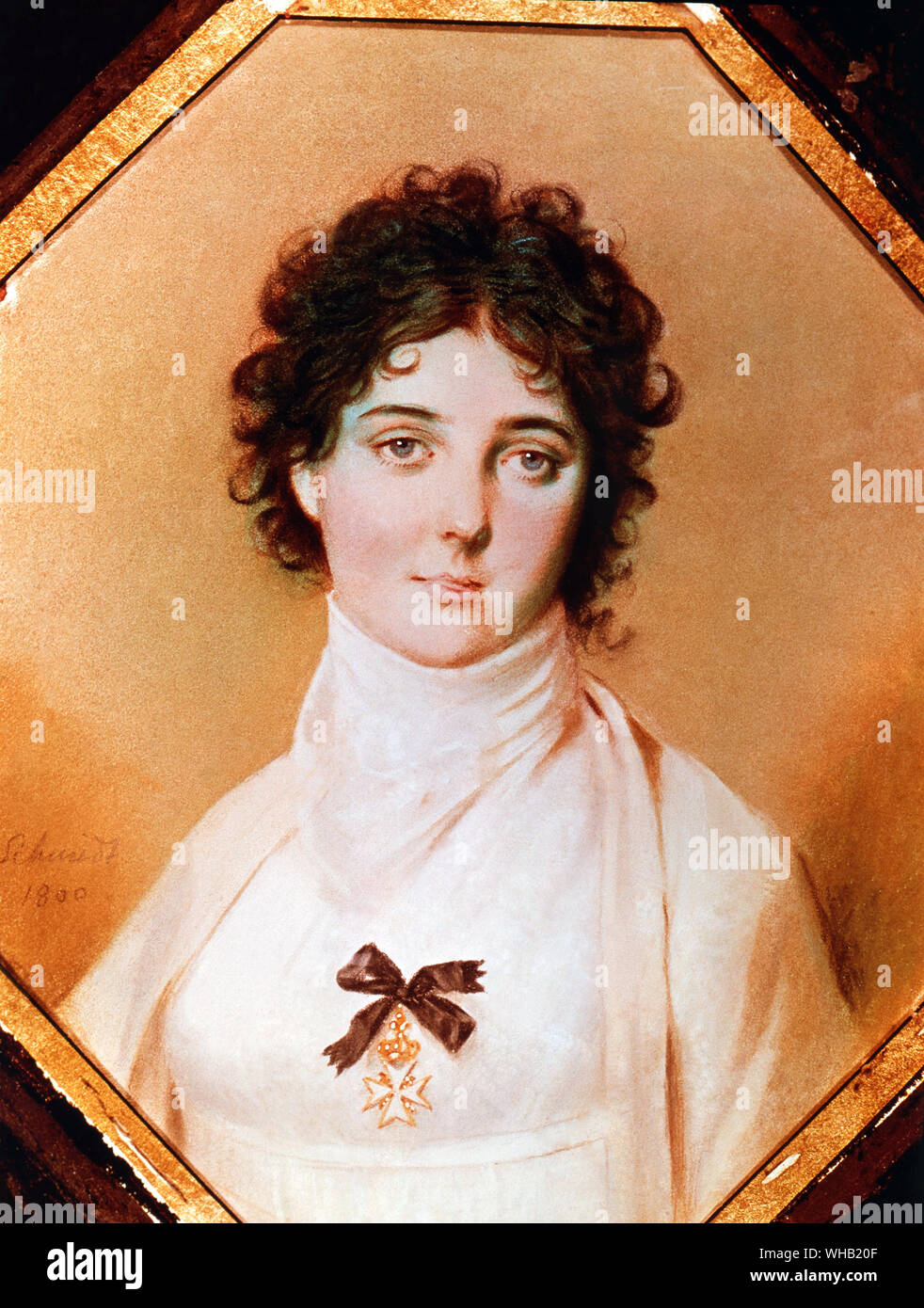 Emma Hamilton - Nelson's Favorit Portrait von Emma, tragen das Malteserkreuz, wurde 1800 in Dresden gemalt von J. Schmidt. Das Gemälde in Nelson's Hütte auf der Sieg hing.. Stockfoto