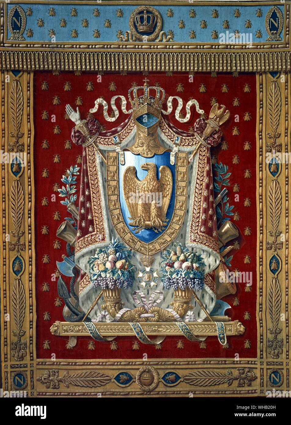 Wappen auf Tapisserie - einmal in Bonapartes Studie an der Tuilerien, jetzt im Chateau Malmaison.. Stockfoto