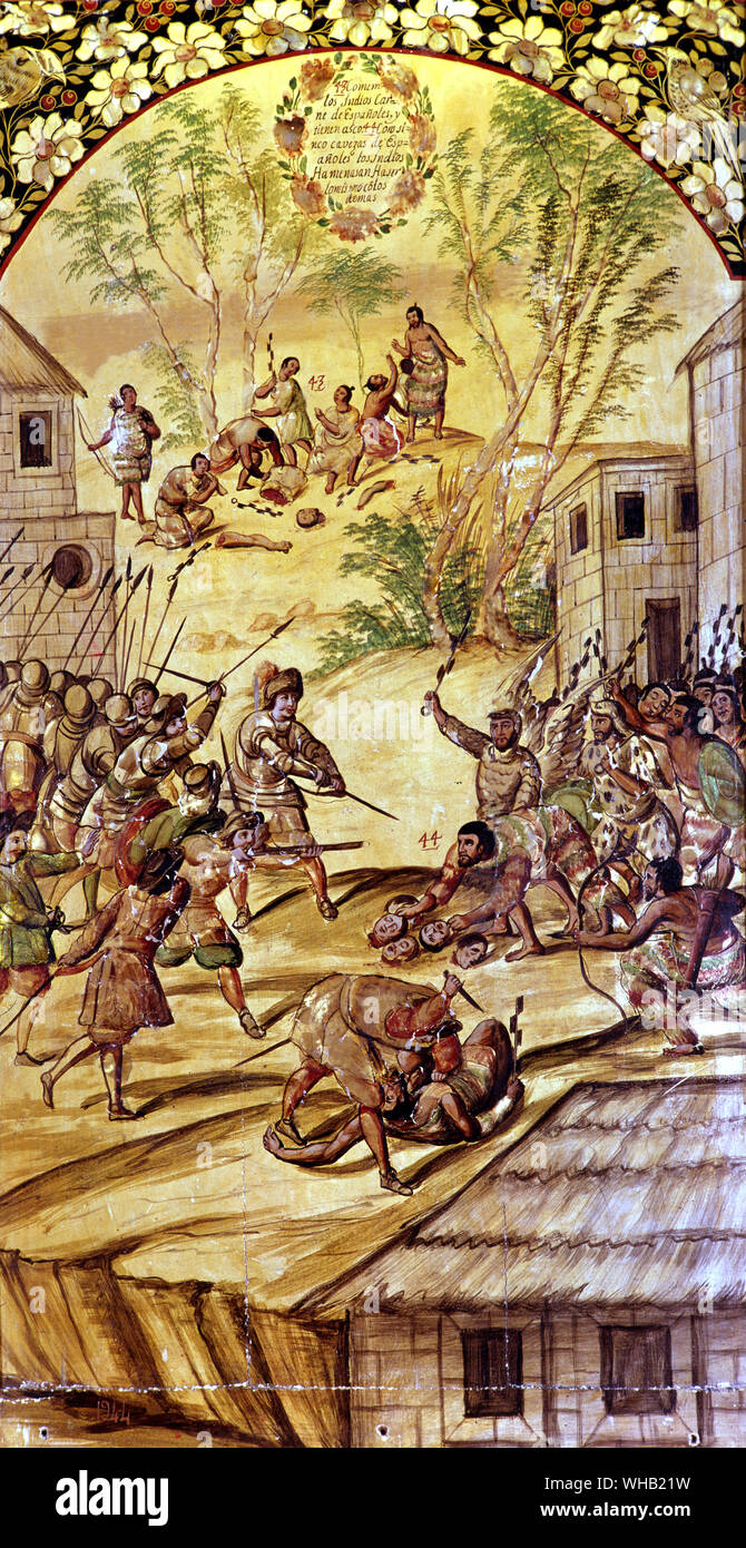 Indianer werfen Köpfe der spanischen Gefangenen am Fuß der Cortes. Miquel Gonzolez 1698. Malerei auf Perlmutt. Museo de Americo, Madrid. Stockfoto