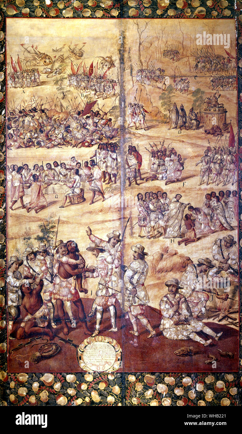 Vorfälle in den frühen Phasen der Cortes März. Miquel Gonzolez 1698. Malerei auf Perlmutt. Museo de Americo, Madrid. Stockfoto
