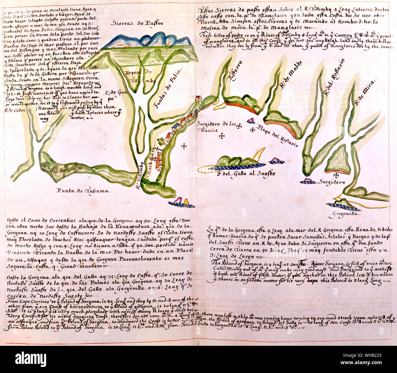 Eroberung von Mexiko und Peru abgeschlossen, Portoland.. 17. jahrhundert Diagramm der Pazifischen Küste - Insel Gallo. Von der British Library. Stockfoto
