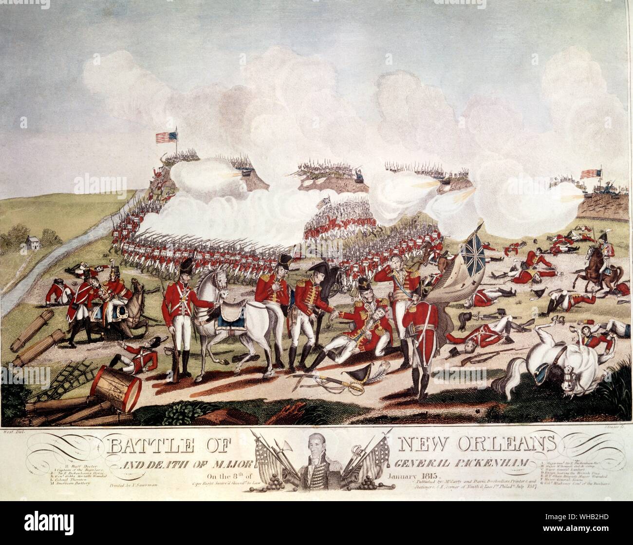 Kunst Kriegsführung 19 C. in der Schlacht von New Orleans Tod von Major General Packenham 1815. Farbige Linie Kupferstich von J Yaega.. Auch als die Schlacht von chalmette Plantage bekannt. fand am 8. Januar 1815 Stockfoto