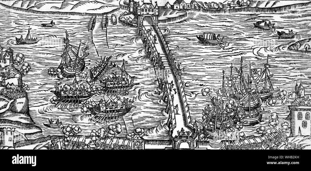 Seeschlacht auf der Seine (Mock?) vor dem König, am 24. Oktober. Vermutlich aus dem 16. Jahrhundert. Die Küchen sind mit Steilkurven und sind mit Canon. Mit ihnen sind Karavellen?. Stockfoto