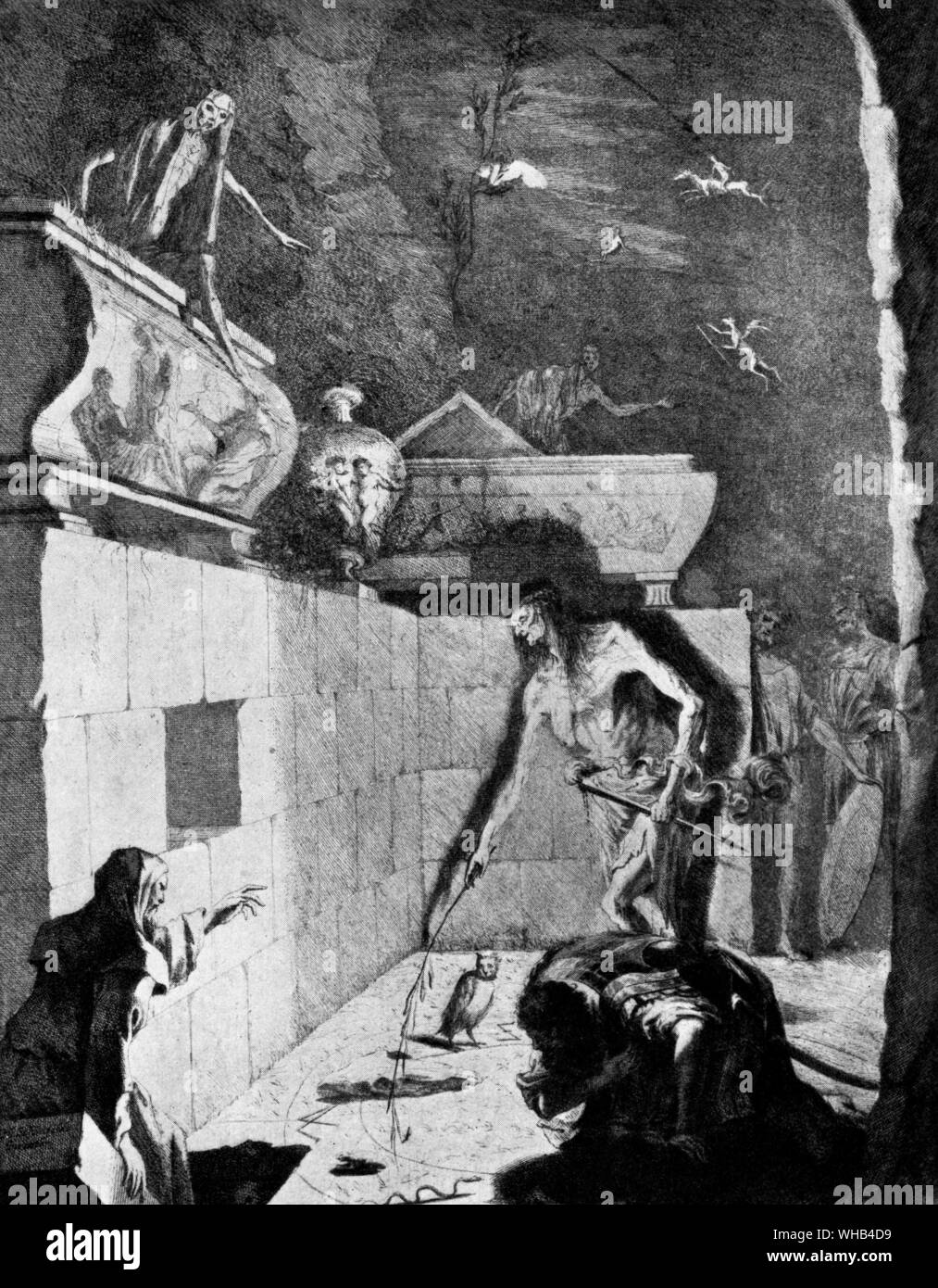 Die Hexe von Endor ruft der Prophet Samuel - Johann Heinrich Schonfeld (17. Jahrhundert) - von Hexerei, Magie und Alchemie durch Grilleot de Givry.. Stockfoto