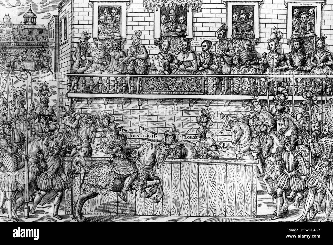Der französische König Heinrich II. verwundet und starb später beim Brechen eine Lanze in einem Turnier 1559 Stockfoto