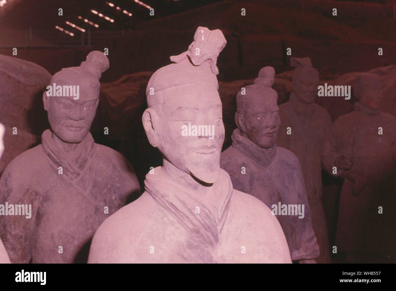 Die Terracotta Armee - Soldat und Pferd grabkunst Statuen oder Terracotta Krieger und Pferde ist eine Sammlung von 8,099 larger-than-life Chinesische Terracotta Figuren von Kriegern und Pferden in der Nähe des Mausoleums des Ersten Kaisers Qin die Zahlen in der Höhe variieren, je nach Ihrem Rang, das Höchste, die Generäle. Die Höhe reicht von 184-197 cm (6 ft - 18 ft 5 in.) oder mehr als ein voller Fuß höher als der durchschnittliche Soldat der Periode. Die Zahlen wurden 1974 in der Nähe von Xi'an, Provinz Shaanxi, China von einem lokalen Landwirt entdeckt.. Stockfoto