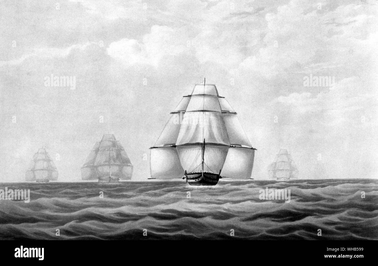 Versuch der R.Y.S Brig 'Hexe', am 5. September 1832 von der Sailly Inseln mit H. M. Schiffe Vermon', 'Donegal", "Tag Snake". Stockfoto