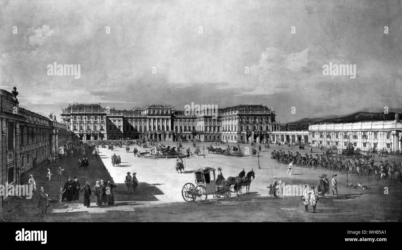 Das Schloss Schönbrunn an der Zeit Maria Theres, Wien, Österreich 1759-60. Malerei von Bernardo Bellotto, war der Neffe und Schüler von Canaletto Stockfoto