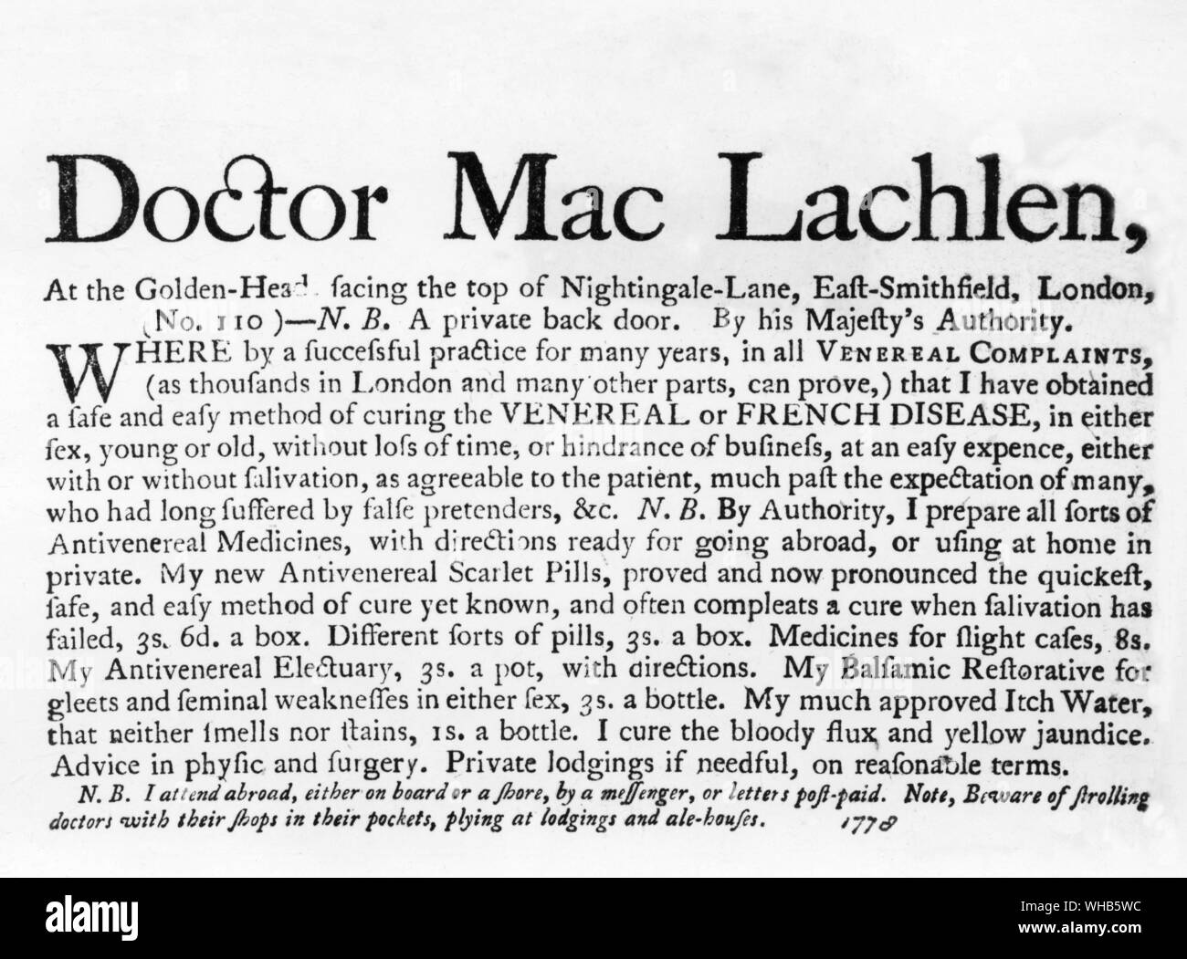 Arzt Maclachlen Heilung für Geschlechtskrankheit.. Zeitung Werbung 1778. In der Wellcome Historical Medical Museum Stockfoto