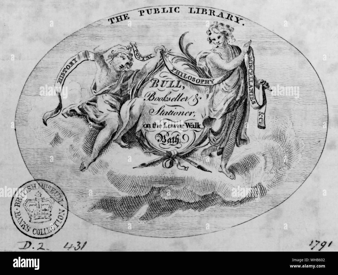 Die Öffentliche Bibliothek. Handel Karte für Bull, Buchhändler & Papierladen, auf dem unteren Fuß, 1791. Das British Museum. Banken Sammlung von Karten. . Stockfoto