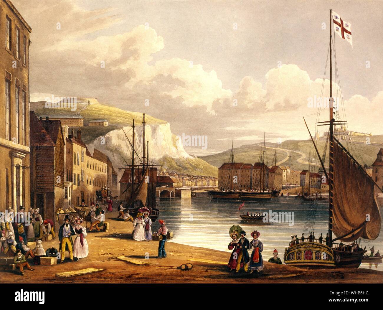 Eine englische offizielle Yacht. Dover Harbour c 1800 mit dem Zoll Yacht auf der rechten Seite.. Stockfoto