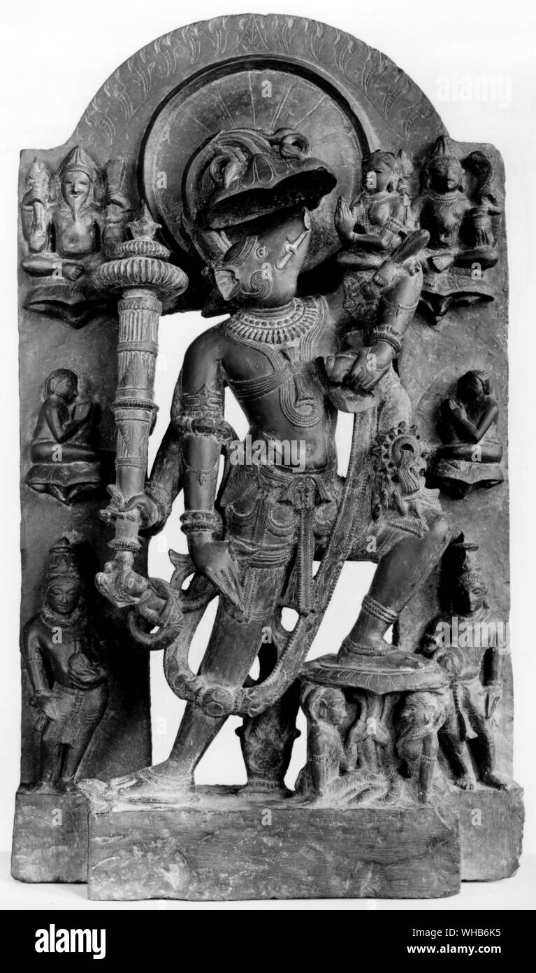 Vishnu als Eber Inkarnation Anheben der Erdgöttin Bhumi aus der urzeitlichen Meer.. Stockfoto