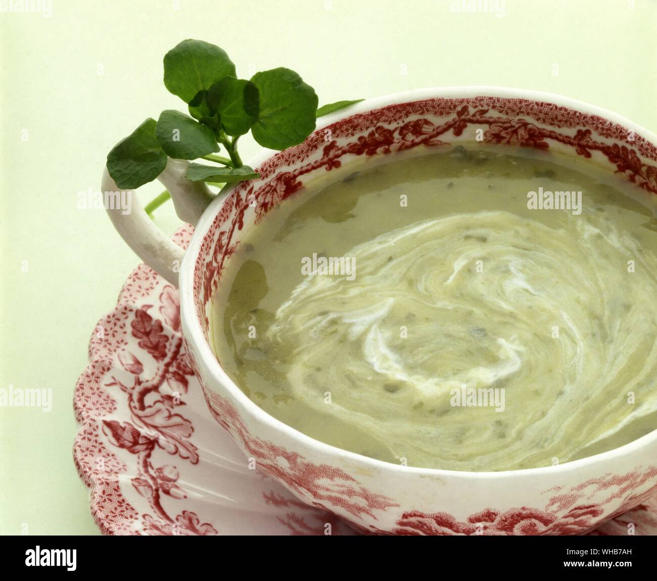 Suppe mit Brunnenkresse garnieren. Stockfoto