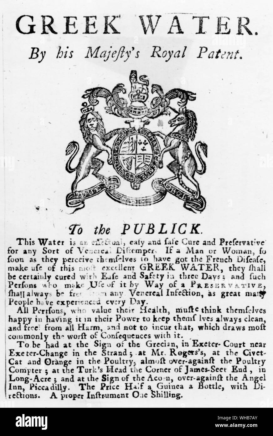 Geschlechtskrankheit 18. Jahrhundert: Griechische Wasser für die Heilung von Geschlechtskrankheit. Zeitungsannonce, 1745 Stockfoto