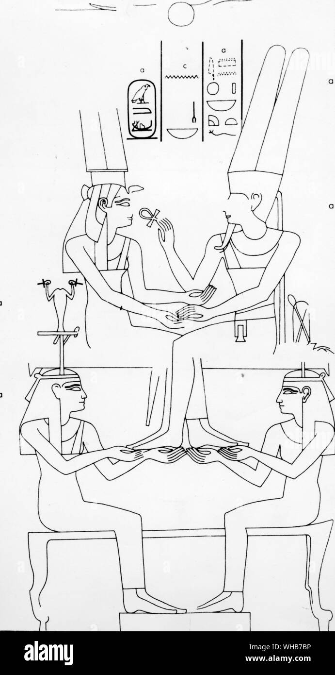 Die Union der Königin Mutemwia und der Gott Ammon, die Hände um ihr die Zeichen des Lebens. Der Tempel von Luxor Ägypten C 1400 v. Chr. Abwechslung. Stockfoto