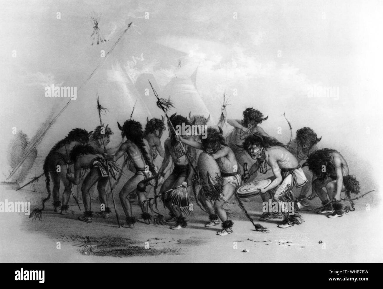 Imitattive Aktionen: wie Produzenten wie der Büffel Tanz der Mandan Indianer nie versäumt, weil sie weiterhin tanzen, bis eine Herde Büffel erschienen 1845 Stockfoto
