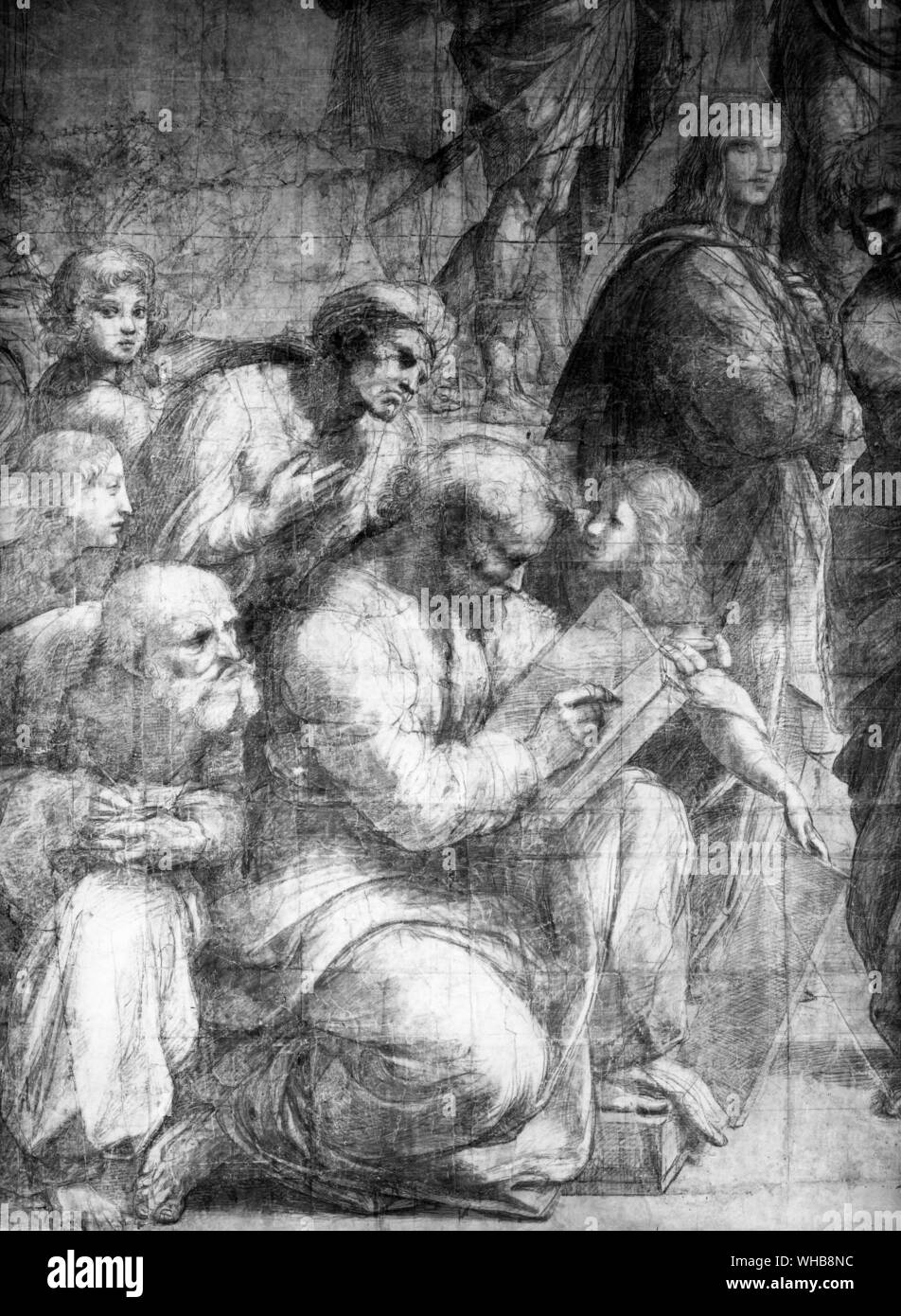 Rainbird Kunst - (Raphael (Raffaello Sanzio), Schule von Athen, 1509, Stanza della Segnatura, Päpstlichen Palast, Rom) (Linke untere Teil von größeren Malerei).. Die Schule von Athen oder Scuola di Atene in Italienisch ist eines der berühmtesten Gemälde der italienischen Renaissance Künstler Raphael. Es wurde zwischen 1509 und 1510 als Teil von Raphael der Kommission mit Fresken, die Zimmer, die jetzt als die Stanze di Raffaello bekannt, im Apostolischen Palast im Vatikan zu verzieren gemalt. Die Stanza della Segnatura war der Erste der Räume eingerichtet werden, und die Schule von Athen die zweite Malerei Stockfoto