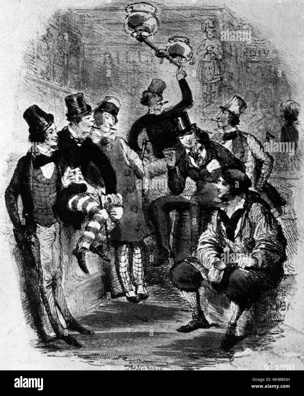 Zeichnung von T. H. Nicholson von einem frühen viktorianischen Cigar Divan: aus, die Flächen im Feuer, im Jahr 1850 veröffentlicht. Im Viktorianischen tagen Gentleman, der nicht die Eintönigkeit der einen Nachmittag von seinem Büro in der Stadt könnte an seinen Verein in St. James's würde Spaziergang hinunter zum Strand zu einem Cigar Divan. Dies war eine Mischung aus Tabakladen und Lounge, wo die Chaps versammeln würde zu wählen und eine Zigarre rauchen. Sie würden Sie einen angenehmen Stunde oder so, bevor sie nach Hause zu ihren Frauen und Familie in der Komfort von Kensington oder den Glanz der Sloane Street.. Stockfoto