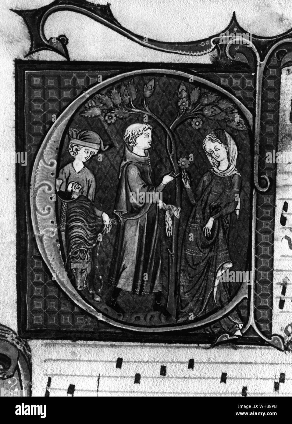Liebe Szene aus einem mittelalterlichen beleuchtet (musikalischen) Manuskript.. Stockfoto