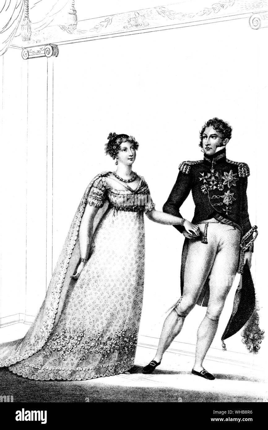 Die Prinzessin Charlotte von Wales und Prinz Leopold von Coburg Rückkehr aus dem Altar nach der Eheschließung, für J. Bell Inhaber von La Belle Assemblee vom 1. Juli 1816 - V&A London veröffentlicht. Stockfoto