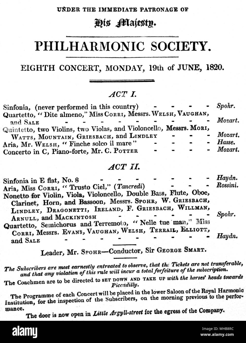 Der Philharmonischen Gesellschaft Programm für den 19. Juni 1820 - Die Gelegenheit, wenn Louis Spohr zunächst den Staffelstab verwendet - der Royal Philharmonic Society, London (J. R. Freeman). Stockfoto