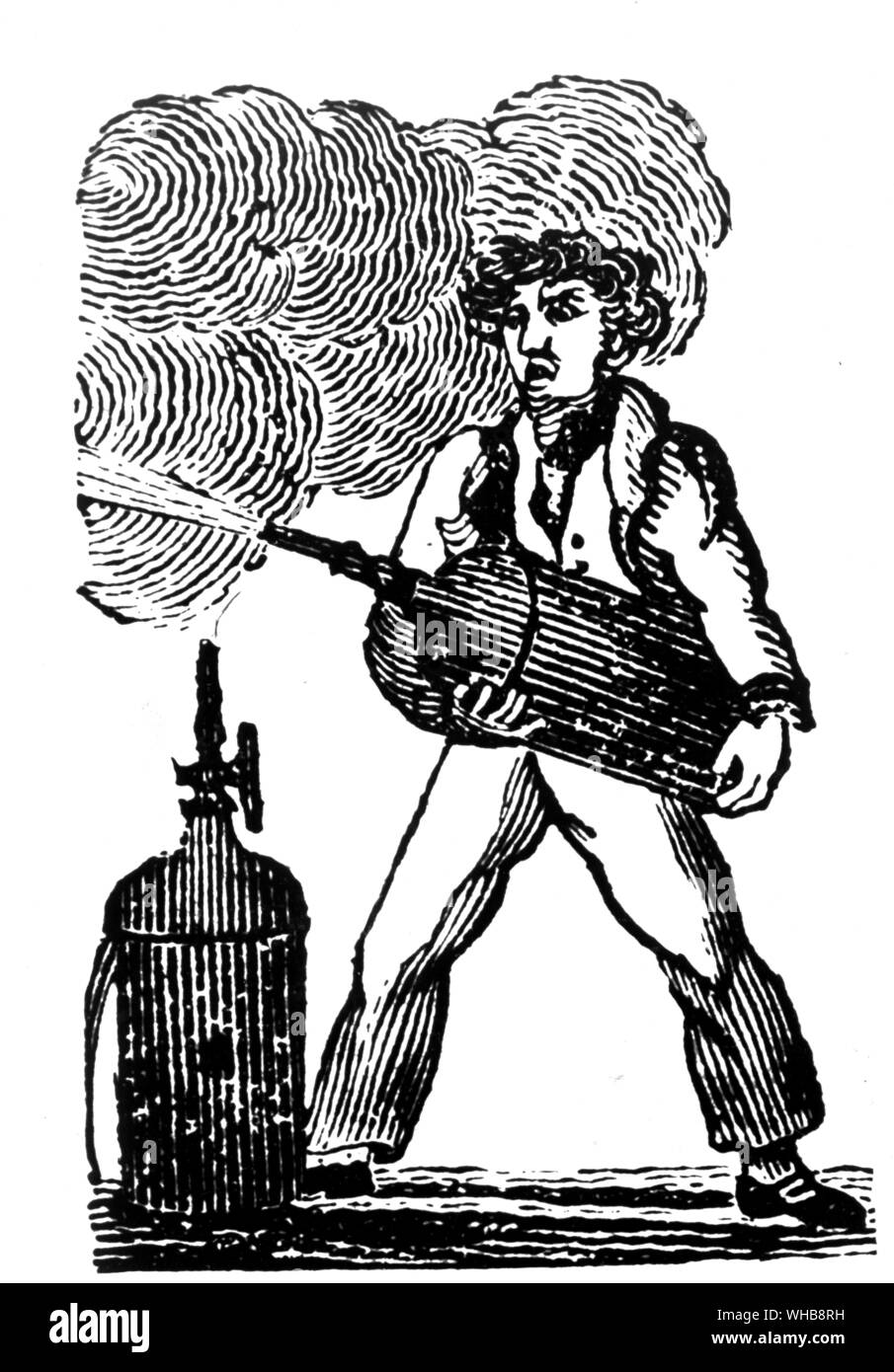 Kapitän Manby's Erfindung 1816 Mit freundlicher Genehmigung des Fire Protection Association, London - Kapitän George William Manby (geboren am 28. November 1765 in Denver, Norfolk, England. 18. November 1854 in Great Yarmouth starb) war der Erfinder der tragbaren Feuerlöscher unter Anderem.. Stockfoto