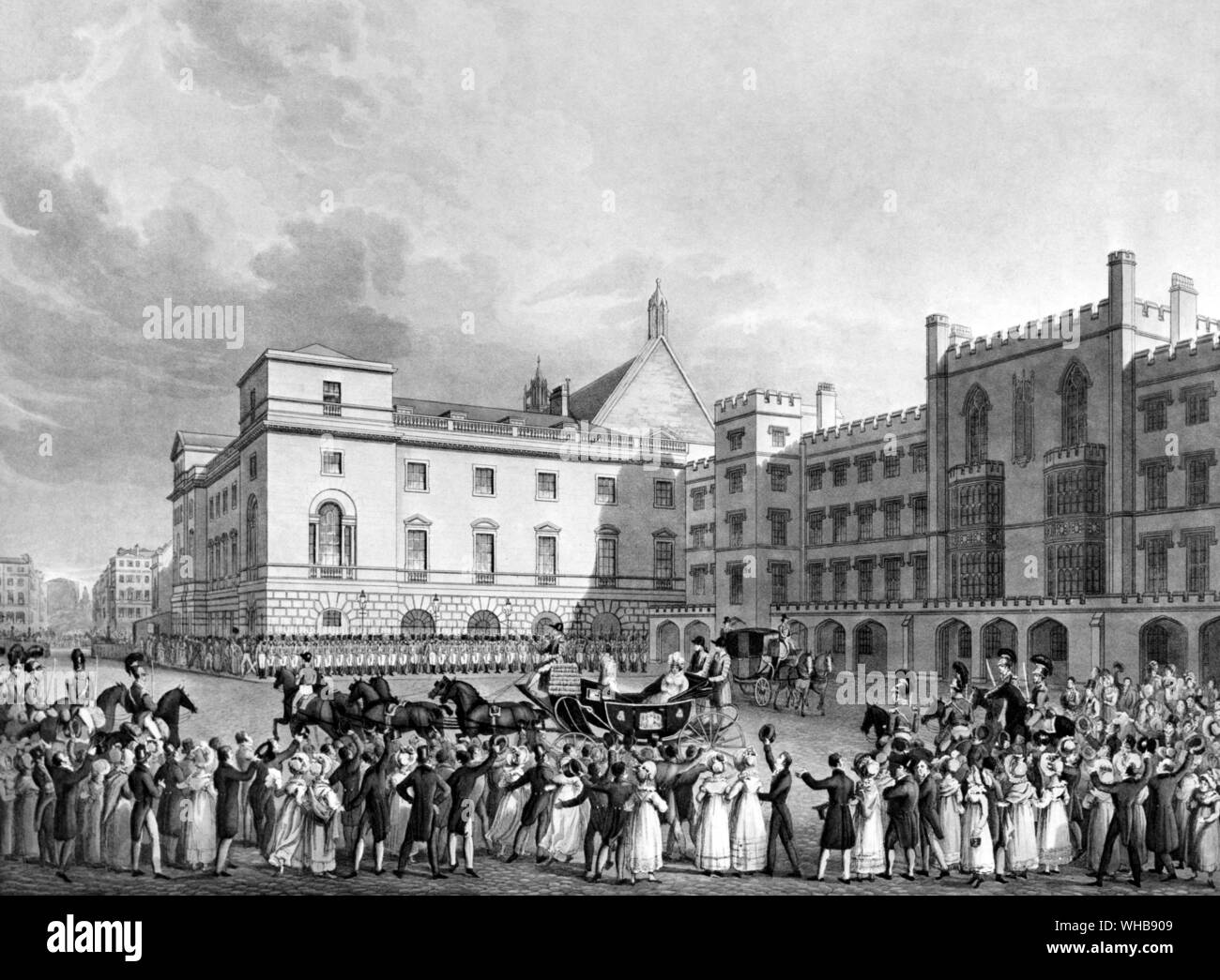 Die Königin der Rückkehr vom House of Lords durch Dubourg 1821 - Gravur in den Brighton Pavillon. Stockfoto