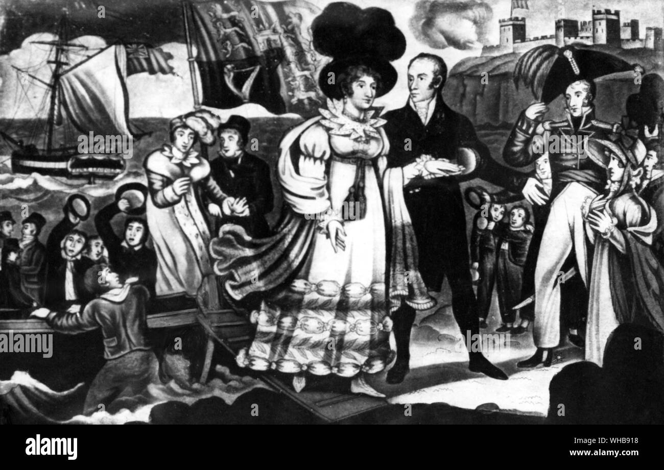 Die Landung der Königin Caroline von Dover, ihre Rechte geltend zu machen. Von den Gefühlen der britischen Nation gewidmet von W. B. Walker malte auf Glas in den Ralph Beck Collection/Herr Brian Hill. Stockfoto