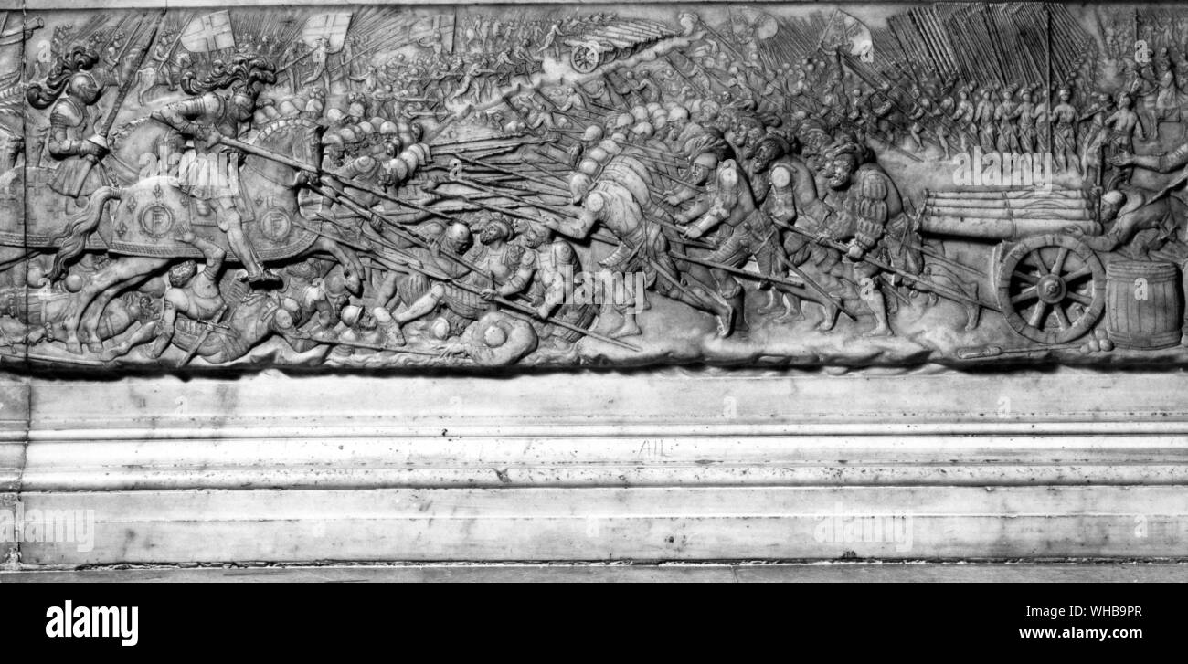 Schlacht von Marignano. Der König war ein ausgezeichneter Mann an Arme und könnte eine Lanze sehr gut anfassen. Von einem Relief auf Francois's Grab in Saint Denis Stockfoto