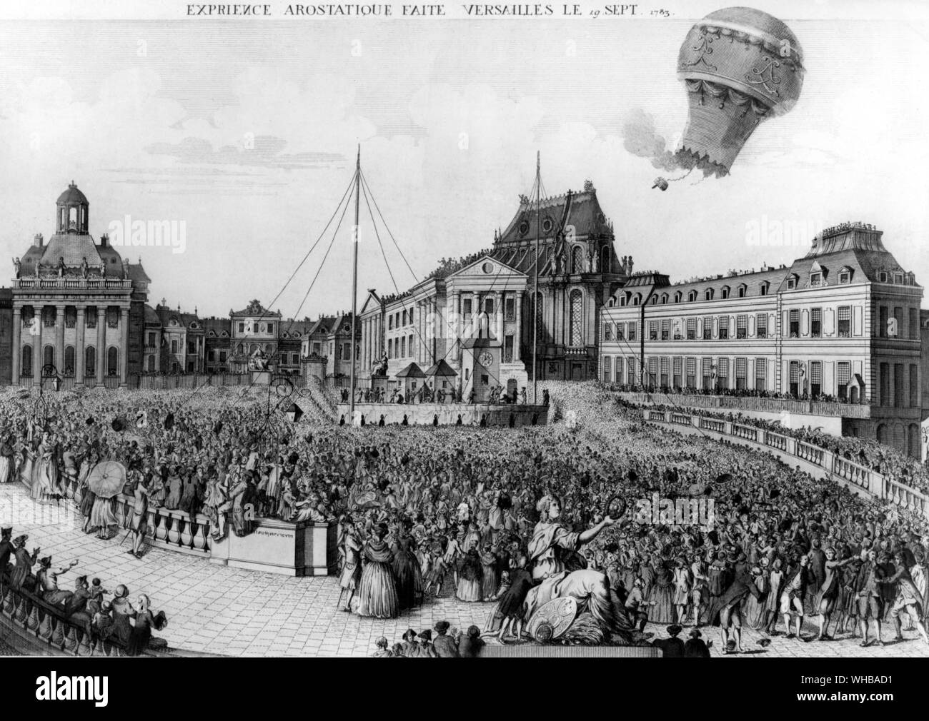 Versailles: Erfahrung Aerostatique - Zeigt den Ballon Durchführung der Tiere über den überfüllten Platz steigen. 19. September 1783 Stockfoto