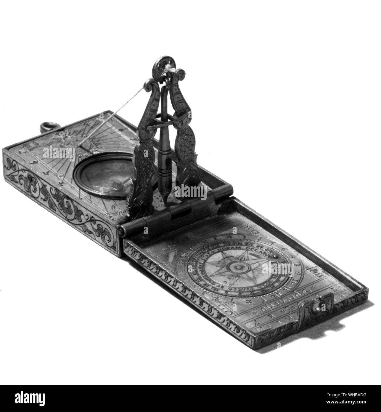 Viatorium 1587, von Ulrich Schneip München: Der DFÜ-Platte kann den Namen und die Skala der Breiten ist unterhalb der Nivellierung Bob und der Die als Index fungiert. Größe 2 1/8 x 1 1/2 Zoll oder 5,5 x 3,7 cm. Das British Museum, London Stockfoto